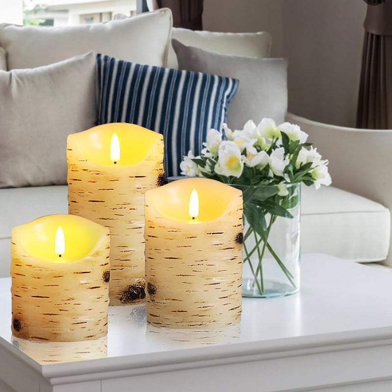 qinxiang Flameless Candles LED Candles Birch Bark Set of 3 (D 3.25" x H 4" 5" 6") Ivory Real Wax Pillar Battery Operated Candles with LED Flame 10-Key Remote Control and Cycling 24 Hours Timer - Image 4
